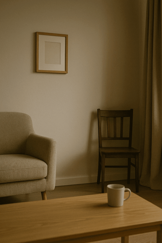 An empty room with picture, chair, table and cofee cup 
