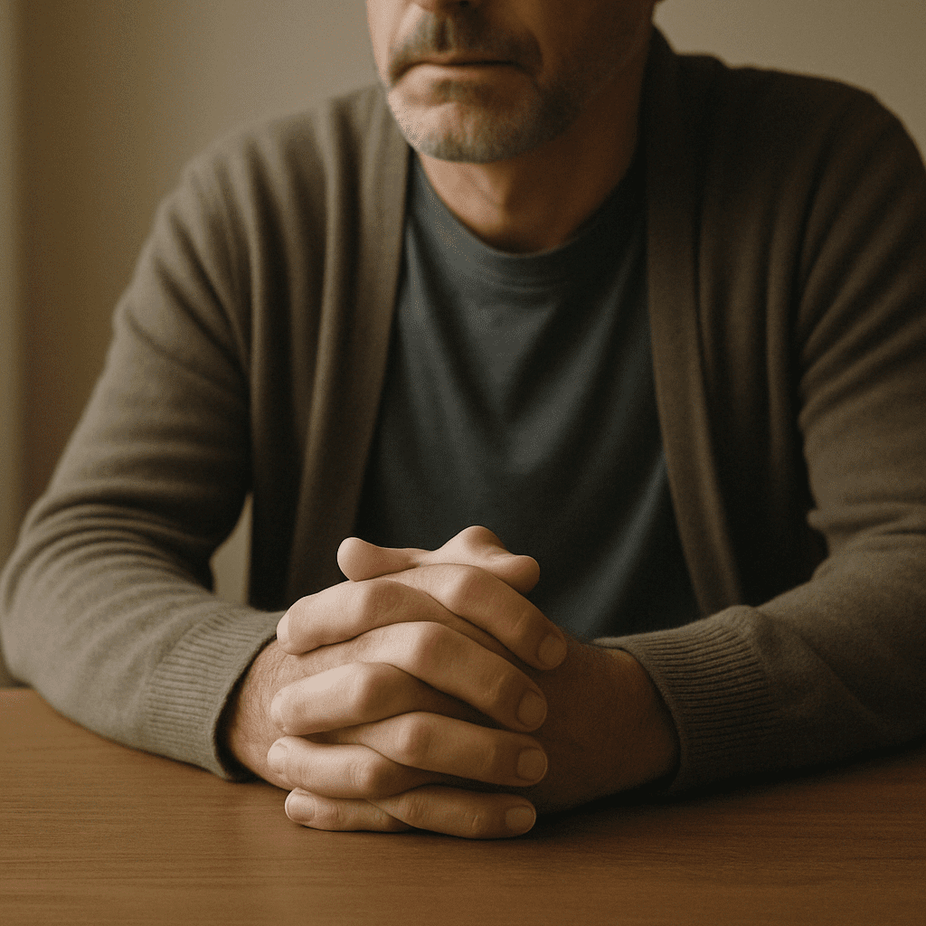 A man with his hands clasped on the table. 